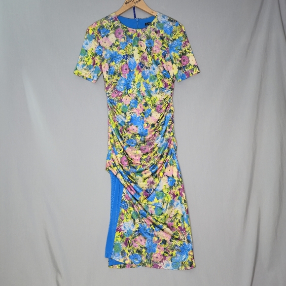 Black Halo Women's Blue Delina Ruched Floral-Print Sheath Dress Size 6 - Picture 1 of 9